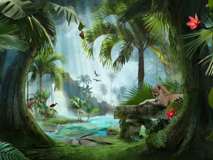 Belle Vue sur Un Lagon de Jungle avec Jaguar, Palmiers et Feuilles Tropicales 100 Pieces
